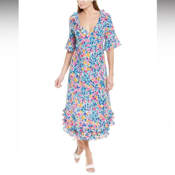 Tyler Boe 100% Silk Floral Midi Dress V-Neck Short Ruffled Sleeves A-Line Small - Picture 16 of 16